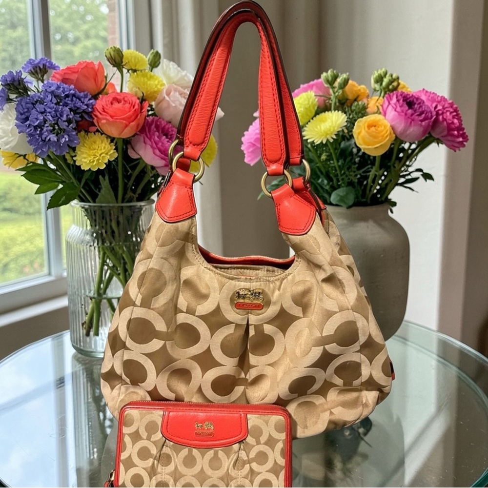 2 Piece Bundle Coach Madison Maggie Op Art Signature Jacquard Bag AND Wallet